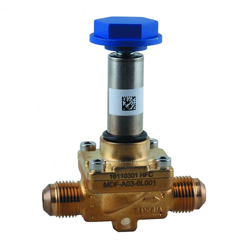 Sanhua MDF6 3/8-inch SAE flare normally closed pilot operated solenoid valve body for refrigeration.