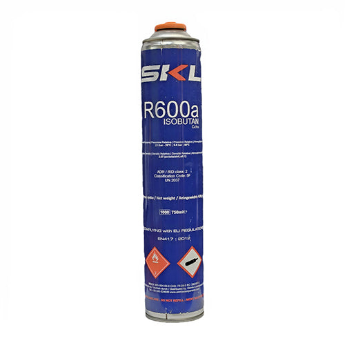 SKL R600a isobutane refrigerant gas 750ml 420g disposable canister for domestic refrigeration.
