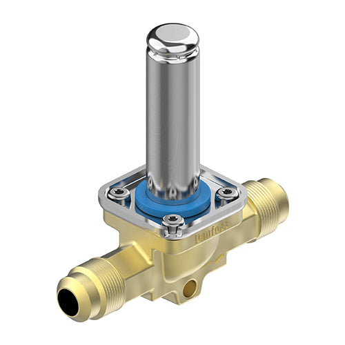 Danfoss EVR 3 3/8-inch SAE flare normally closed solenoid valve body for commercial refrigeration.