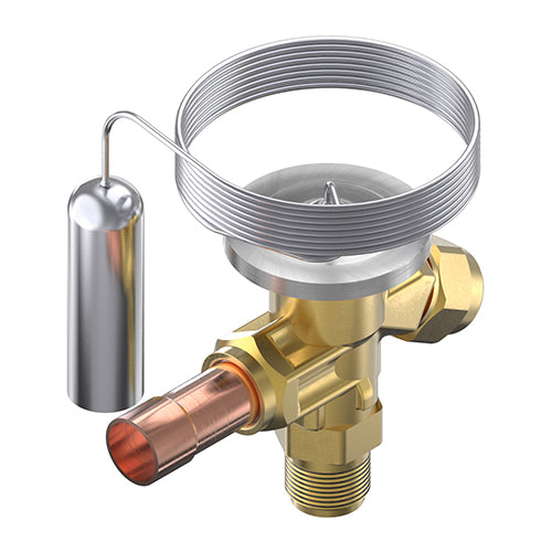 Danfoss T 2 internally equalised expansion valve with 3/8-inch flare inlet and 1/2-inch solder outlet for R404A.