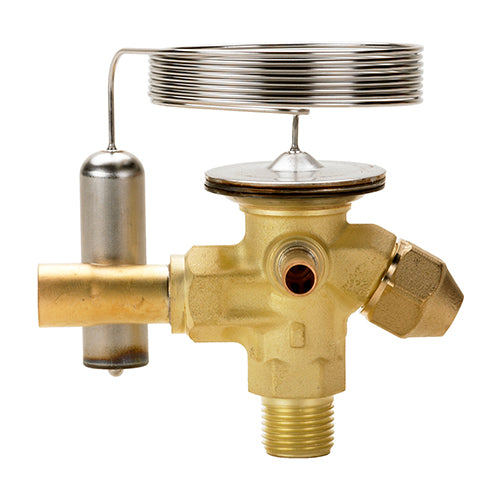 Danfoss TE 2 externally equalised expansion valve with 3/8-inch flare inlet and 1/2-inch solder outlet for R404A.