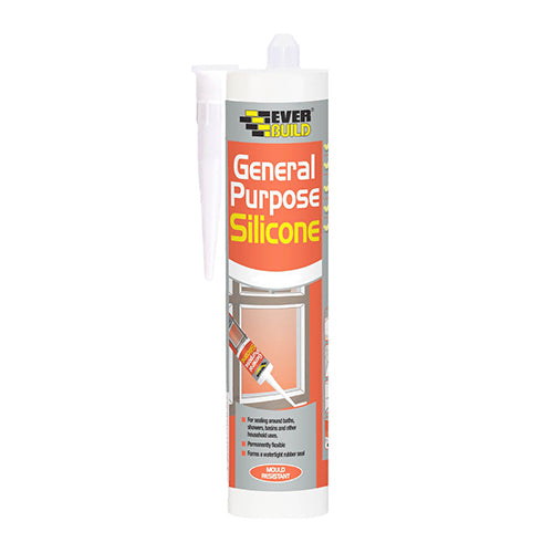 Everbuild general purpose clear acetoxy silicone sealant 280ml cartridge with anti-fungal protection for cold rooms and display cabinets.