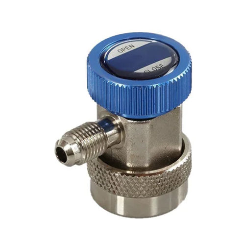 JAVAC blue low-pressure R134a automotive quick coupler for vehicle AC systems.