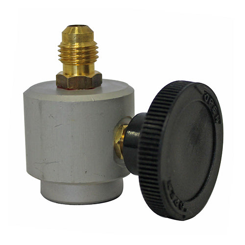 Mastercool 85510-E 1/4-inch SAE screw-on can tap valve for R134a and hydrocarbon refrigerant cans.