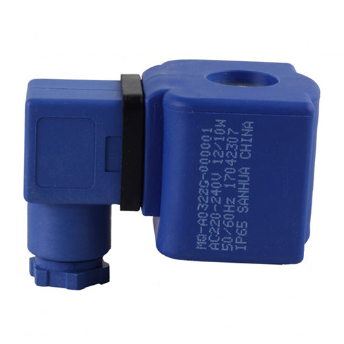 Sanhua MQ-A03 220-240V IP67 solenoid valve coil with spade terminal interface.