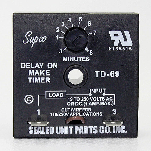 Supco TD-69 universal delay on make timer 19V to 250V AC/DC for compressor protection.