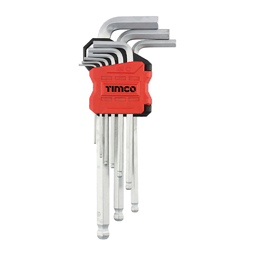 TIMCO 9-piece metric long arm ball end hex key set in zinc-coated Cr-V steel.