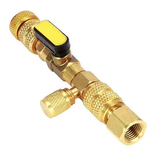 Universal valve core remover and installer tool with inline sight glass and dual 1/4-inch & 5/16-inch SAE ports.