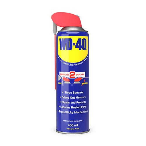 WD-40 450ml multi-use lubricant aerosol with flippable Smart Straw for rust protection and penetration.